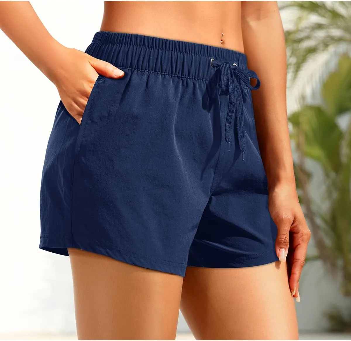 Aqua Eve Women's Board Shorts with Pockets High Waisted Swim Shorts Quick Dry Bathing Suit Shorts with Liner