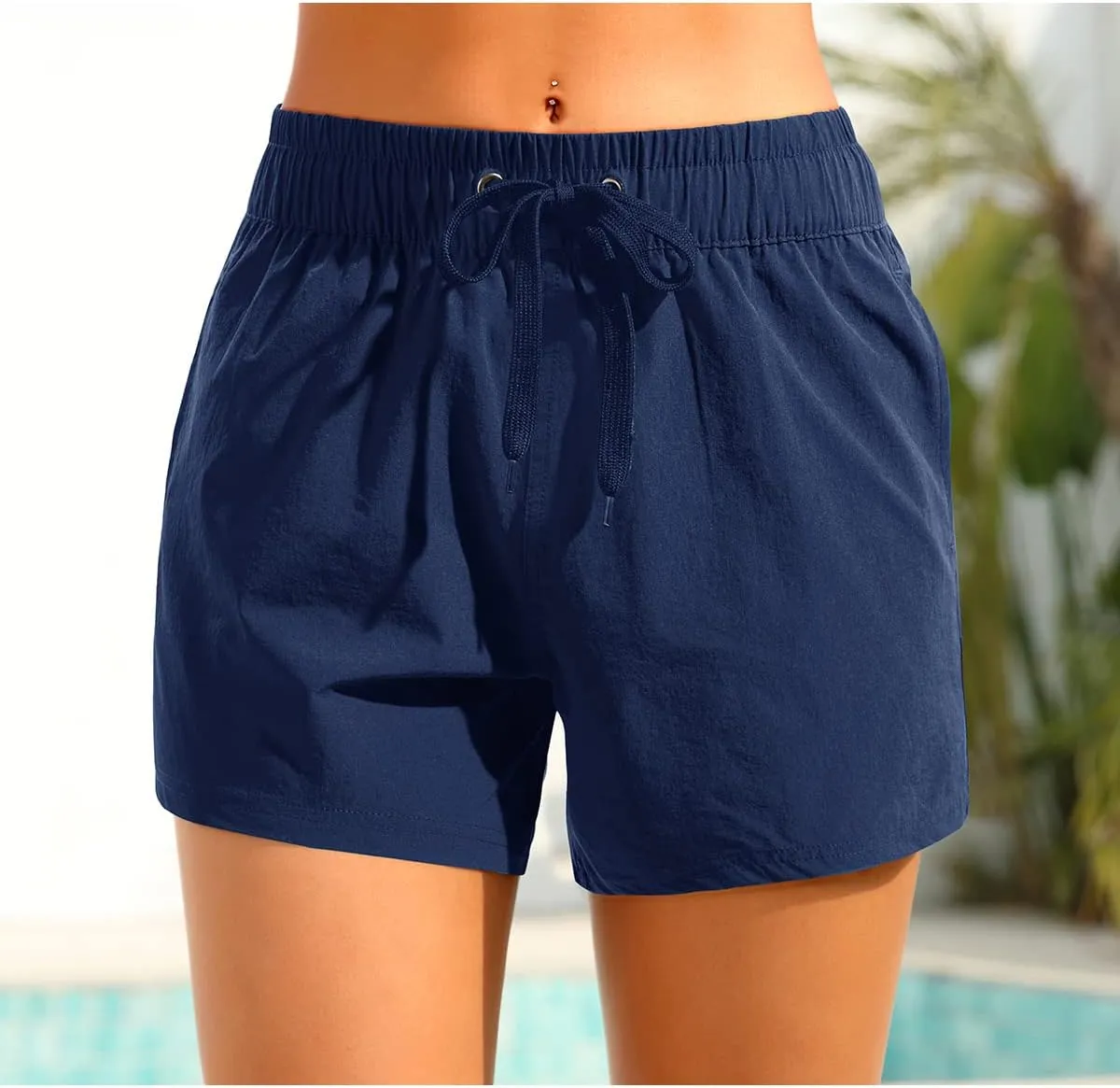 Aqua Eve Women's Board Shorts with Pockets High Waisted Swim Shorts Quick Dry Bathing Suit Shorts with Liner