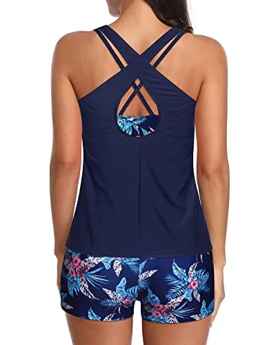 Athletic 3 Piece Tankini Swimsuits For Teens And Juniors-Navy Blue Floral