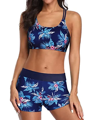 Athletic 3 Piece Tankini Swimsuits For Teens And Juniors-Navy Blue Floral