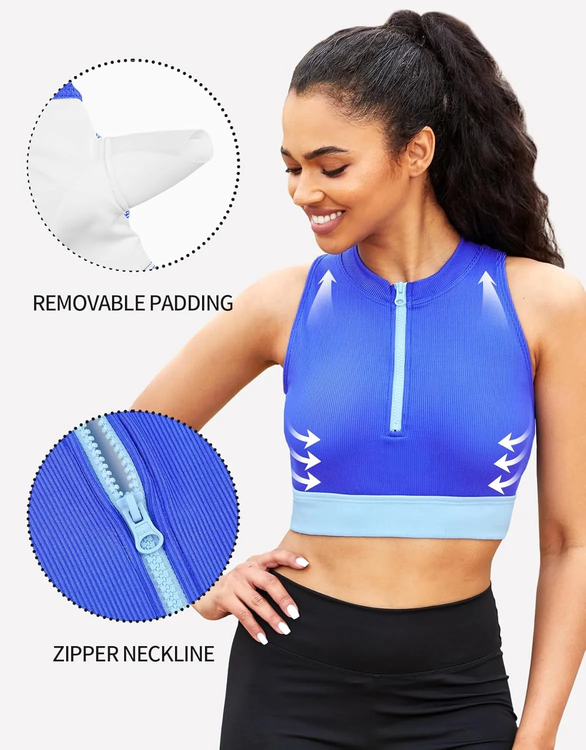 beautyin Sleeveless Slim Fitted Crop Tops for Women Front Zip Up Ribbed Racerback Swimwear