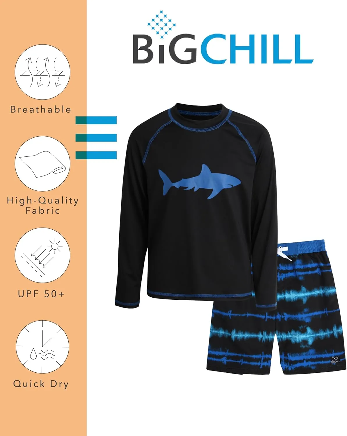 Big Chill Boys Rash Guard Set - 2 Piece UPF 50  Long Sleeve Swim Shirt and Bathing Suit Swim Trunks for Boys (Sizes: 4-14)
