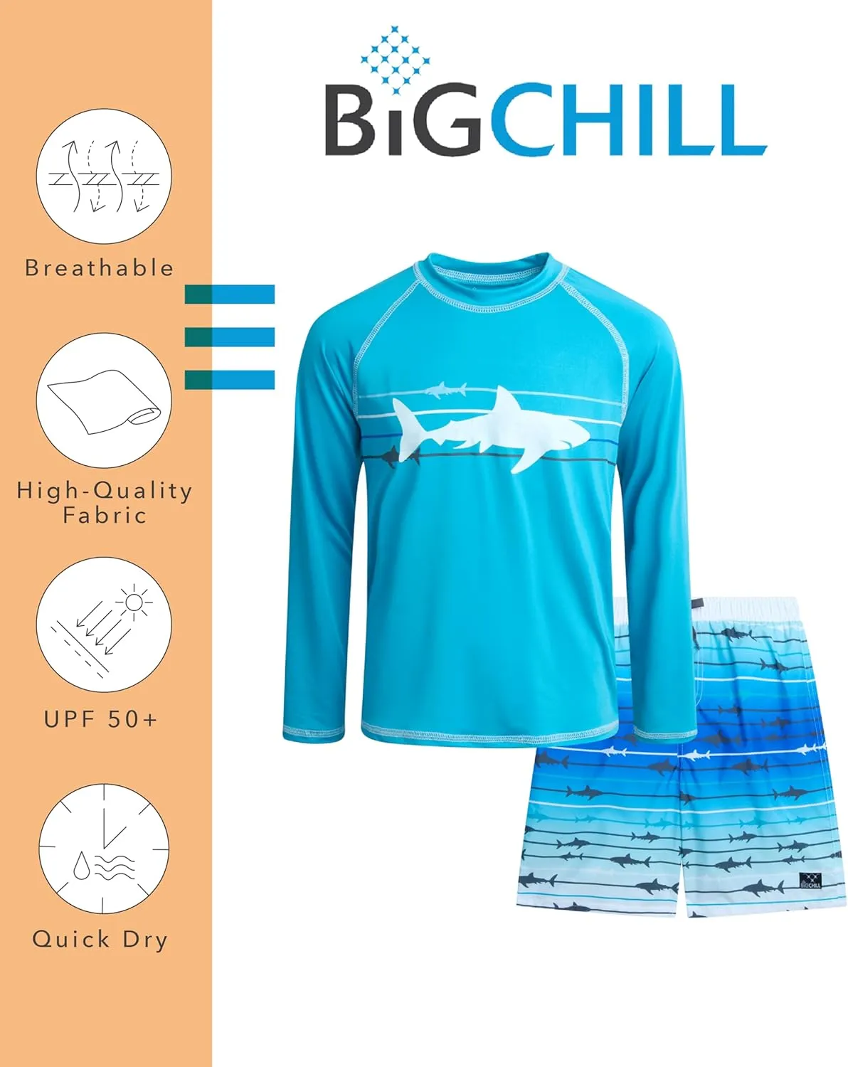 Big Chill Boys Rash Guard Set - 2 Piece UPF 50  Long Sleeve Swim Shirt and Bathing Suit Swim Trunks for Boys (Sizes: 4-14)