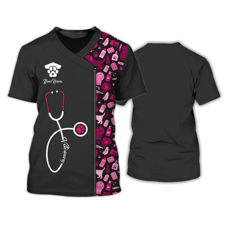 Black Pink Pet Veterinarian Tool Uniform Personalized Name Veterinary 3D Tshirt