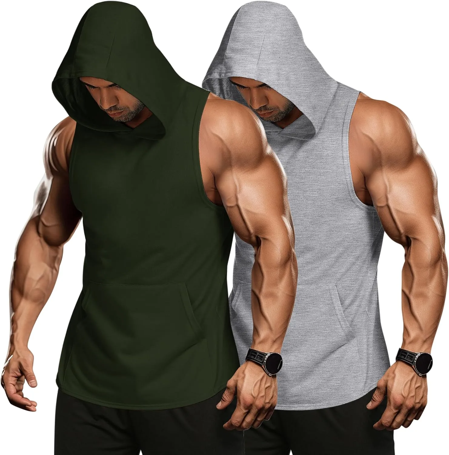 COOFANDY Men's 2 Pack Workout Hooded Tank Tops Bodybuilding Muscle Cut Off T Shirt Sleeveless Gym Hoodies