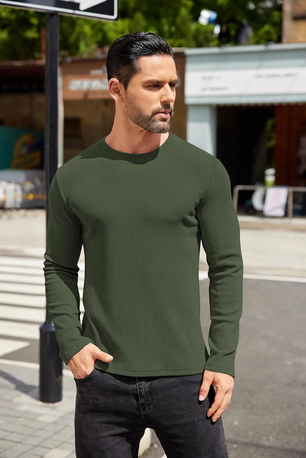 COOFANDY Mens Long Sleeve Shirts Thermal T-Shirt Slim Fit Crewneck Sweater Knitted Pullover Shirt