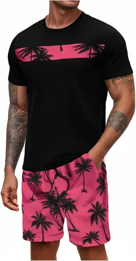 Floerns Men's Shirt and Shorts 2 Piece Sets Graphic Print Beach Outfits