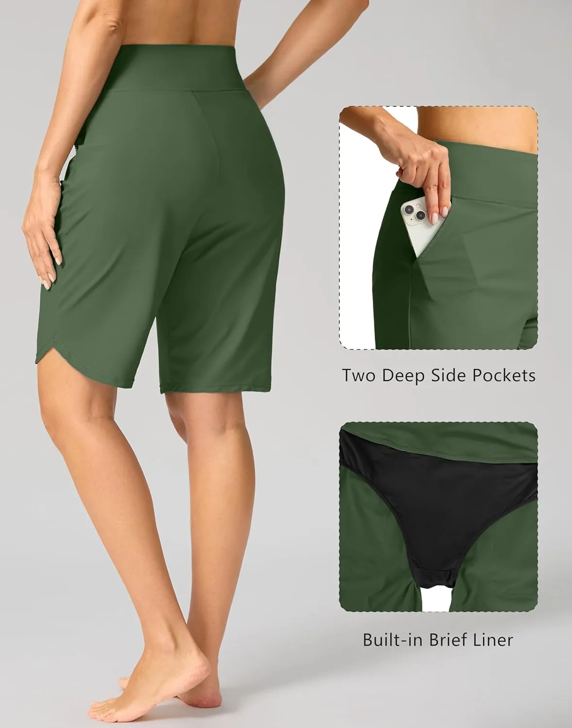G Gradual Women's High Waisted Swim Board Shorts 11" Knee Length Beach Swimming Long Shorts for Women with Pockets Liner