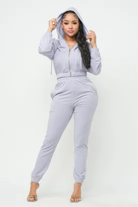 Gentle Lavender French Terry Cropped Zip-up Hoodie Jogger Set