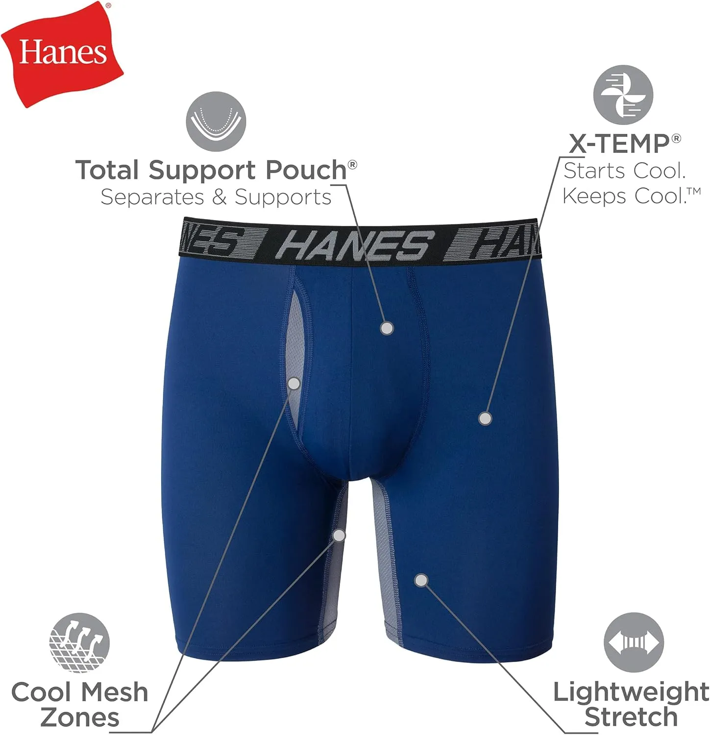 Hanes Mens Total Support Pouch Boxer Briefs, X-Temp Cooling, Moisture-Wicking Underwear, Regular, Long-leg and Trunk, 3-Pack