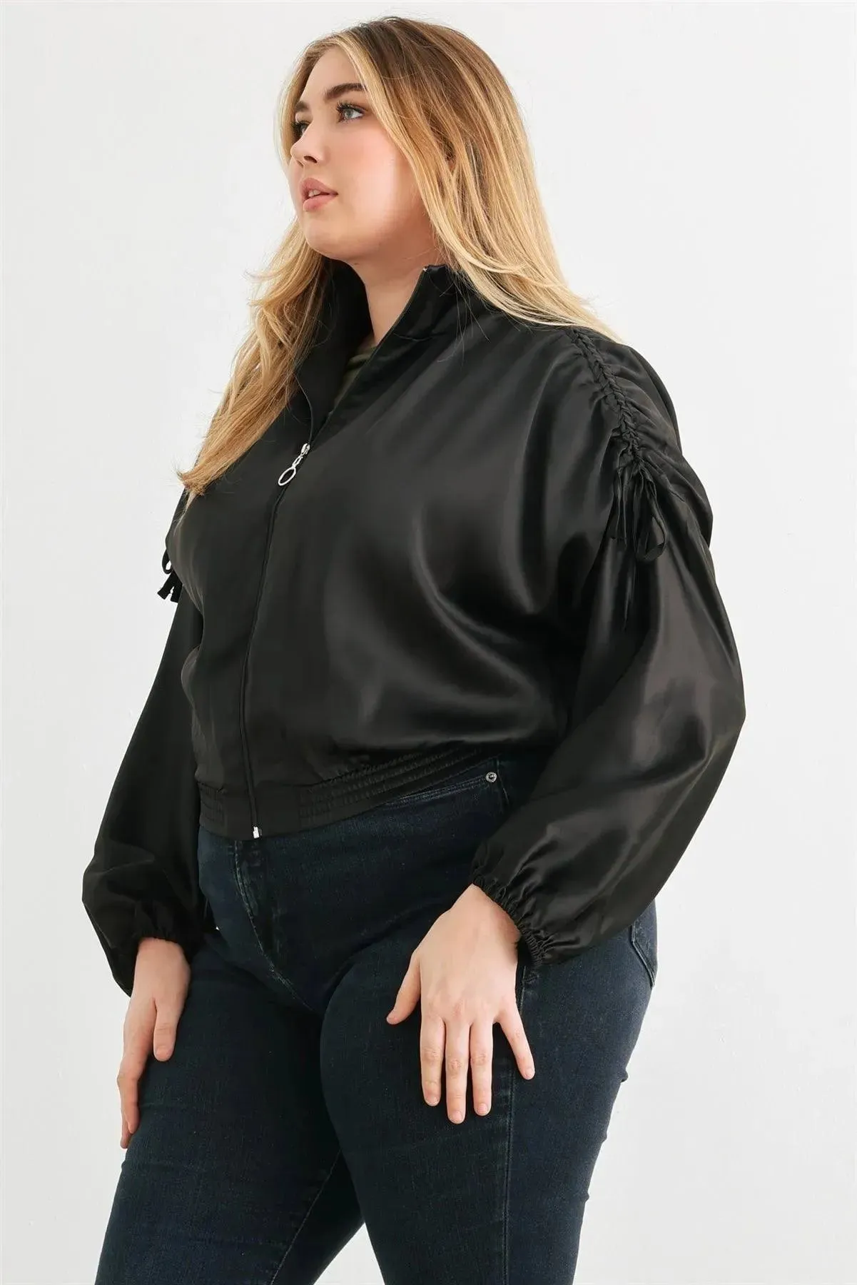 Junior Plus Satin Ruched Cropped Bomber Jacket