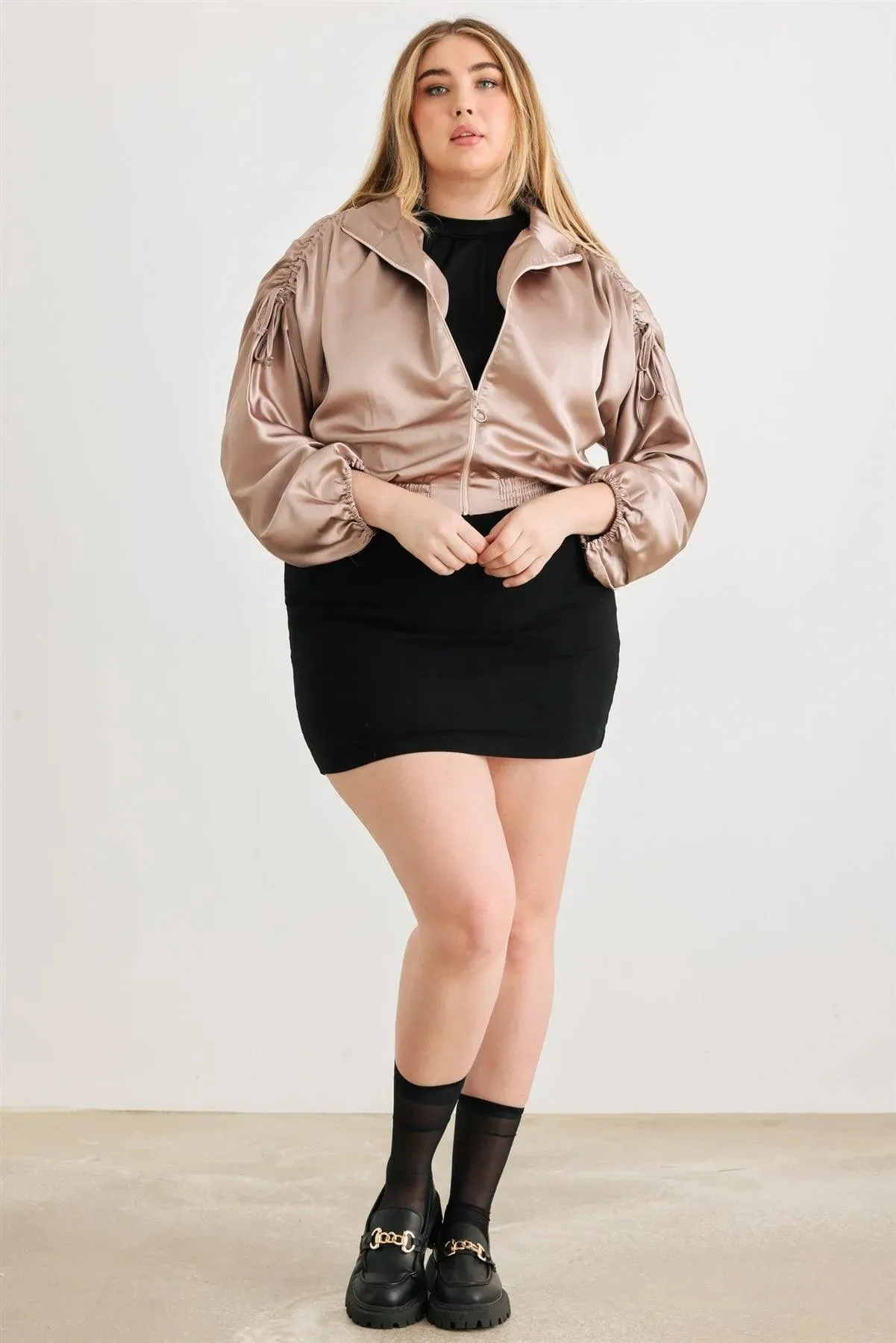 Junior Plus Satin Ruched Cropped Bomber Jacket