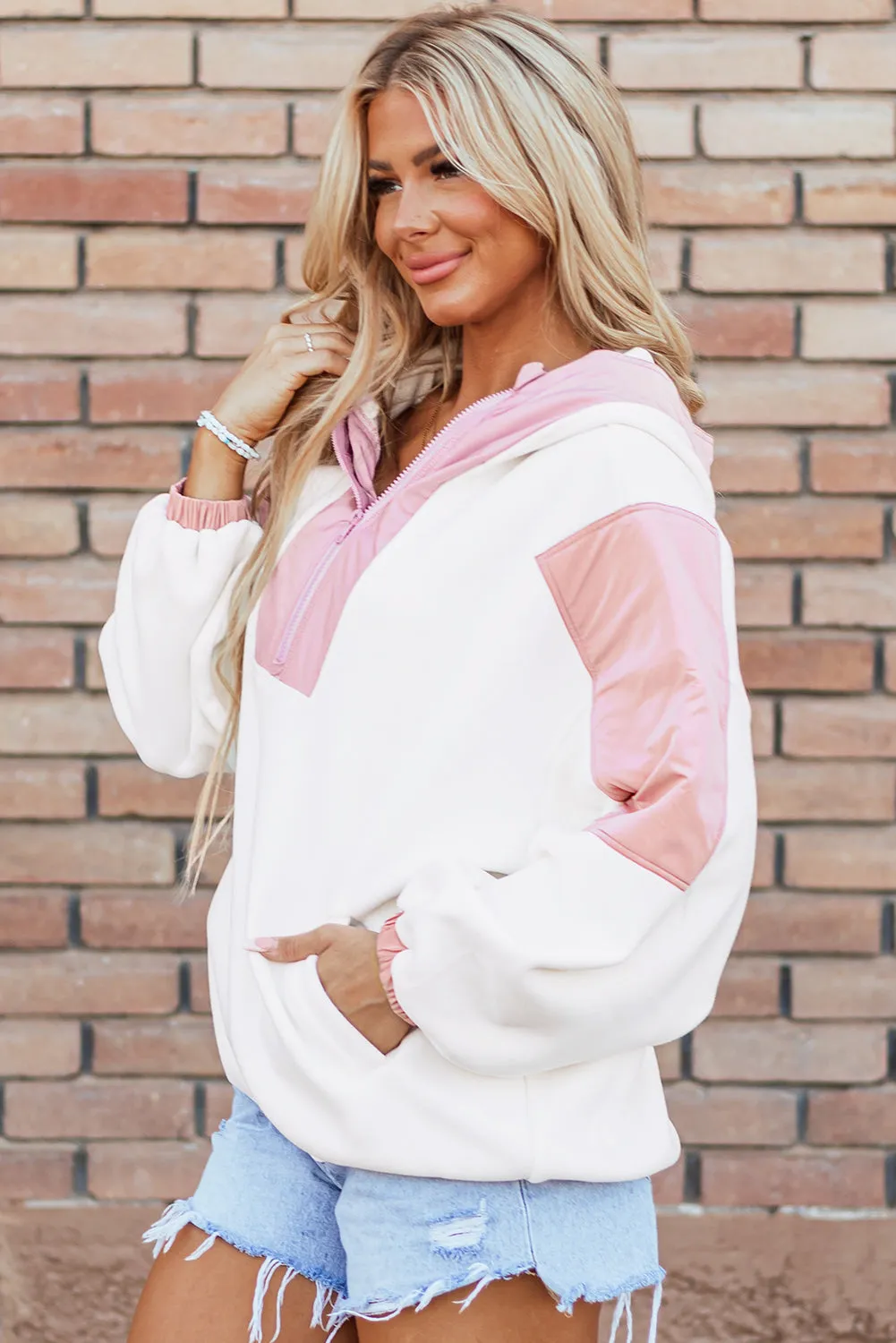 Light French Beige Colorblock Patchwork Half Zip Oversized Sherpa Hoodie