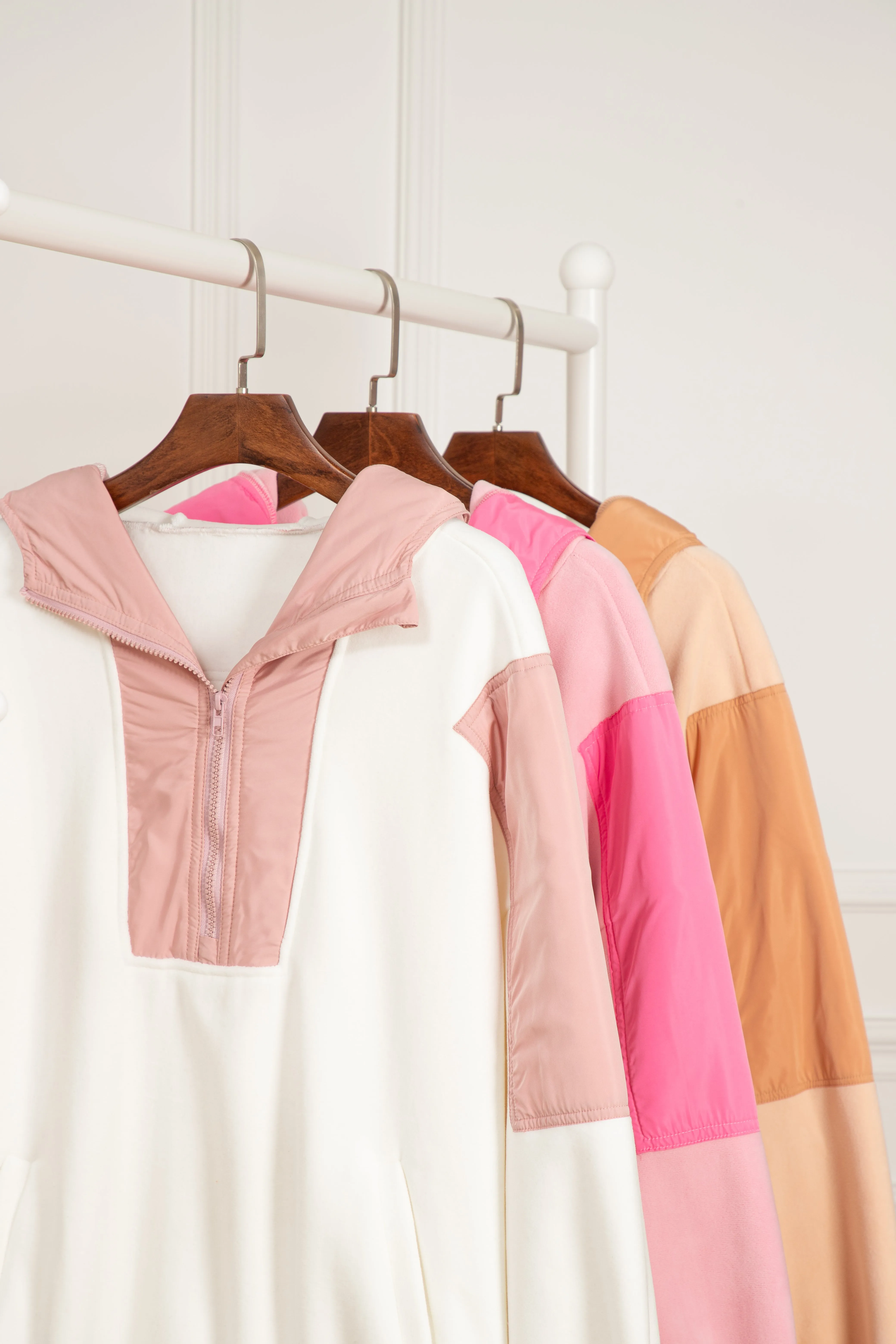 Light French Beige Colourblock Patchwork Half Zip Oversized Sherpa Hoodie