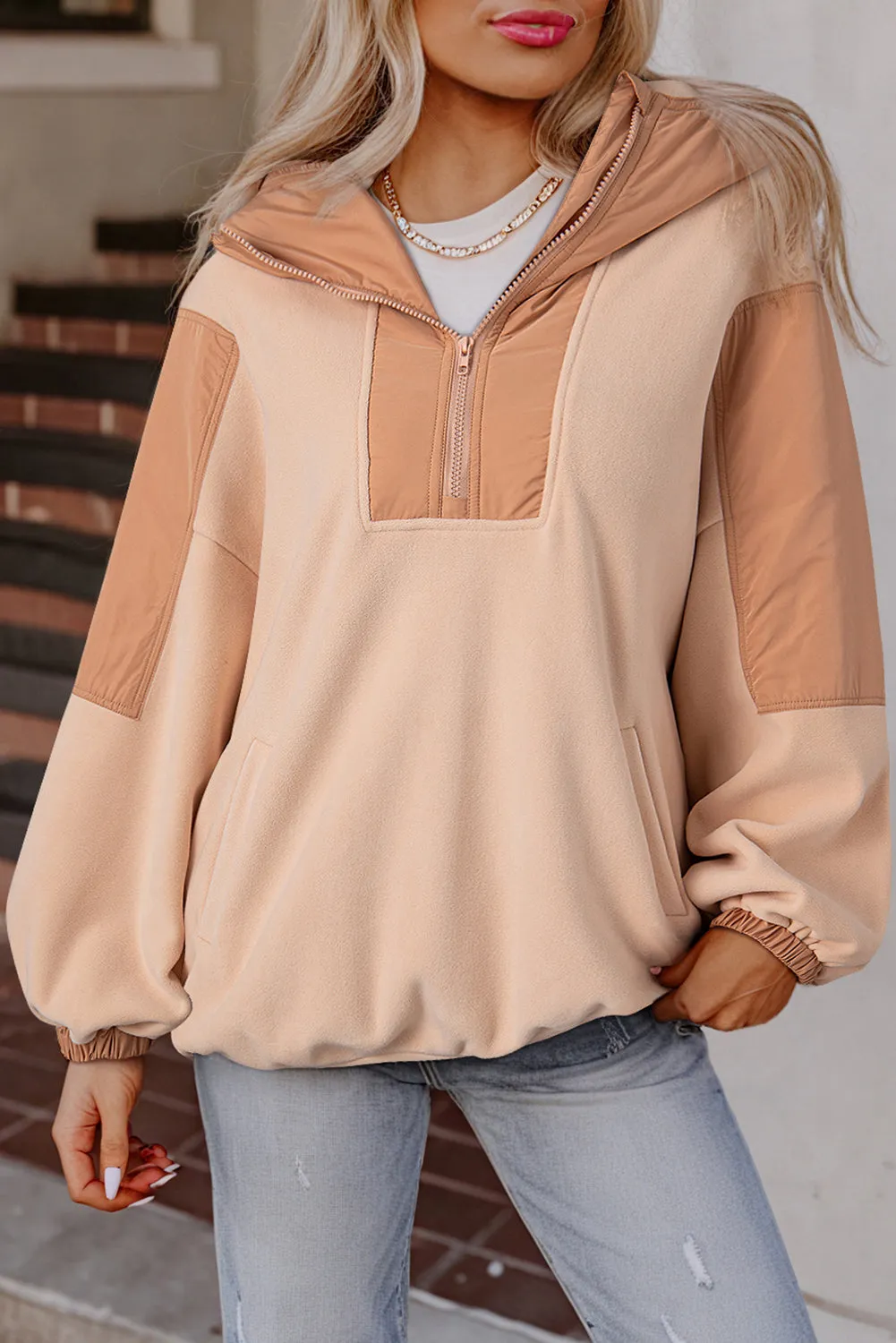 Light French Beige Colourblock Patchwork Half Zip Oversized Sherpa Hoodie