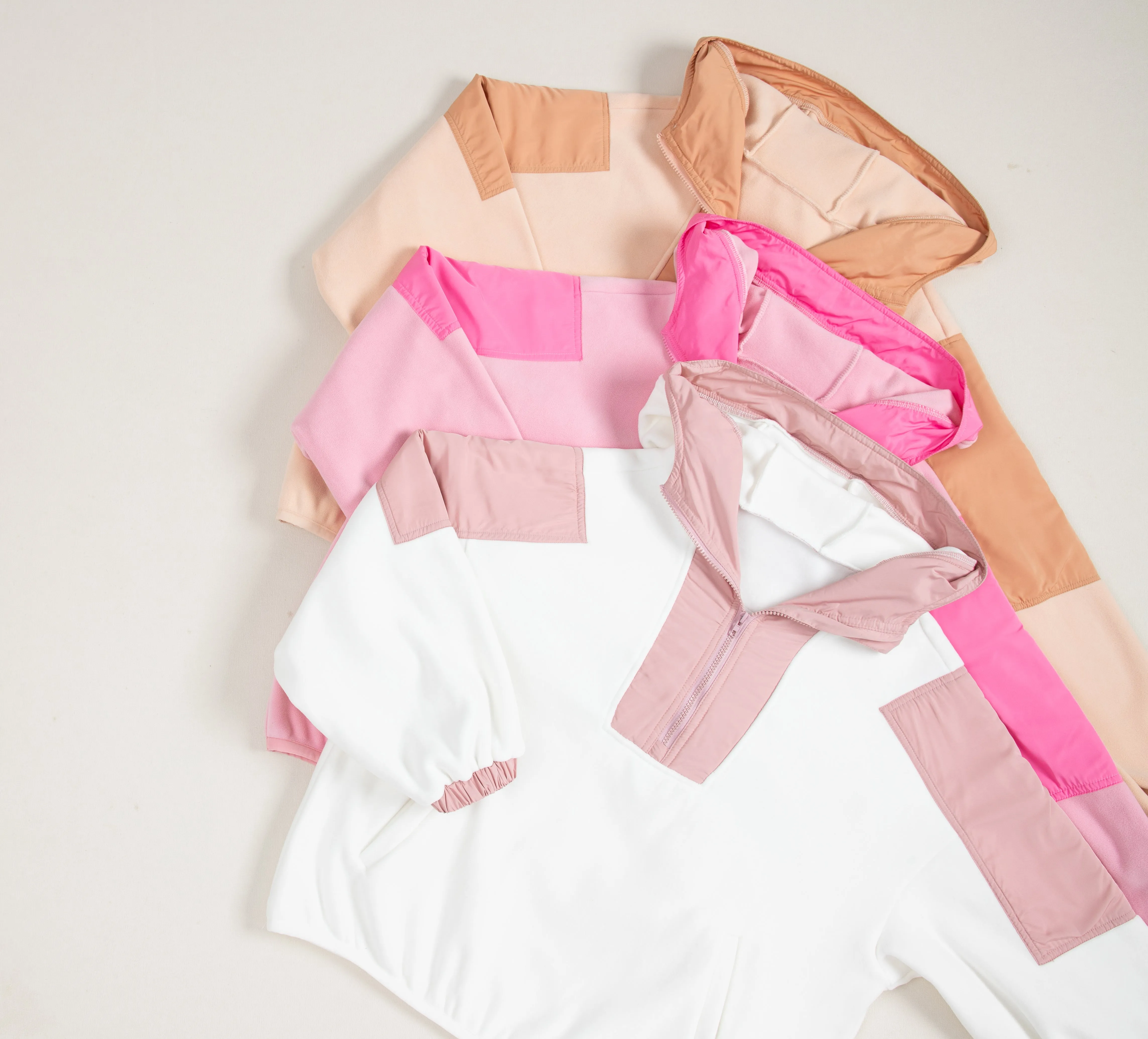 Light French Beige Colourblock Patchwork Half Zip Oversized Sherpa Hoodie
