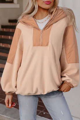 Light French Beige Colourblock Patchwork Half Zip Oversized Sherpa Hoodie