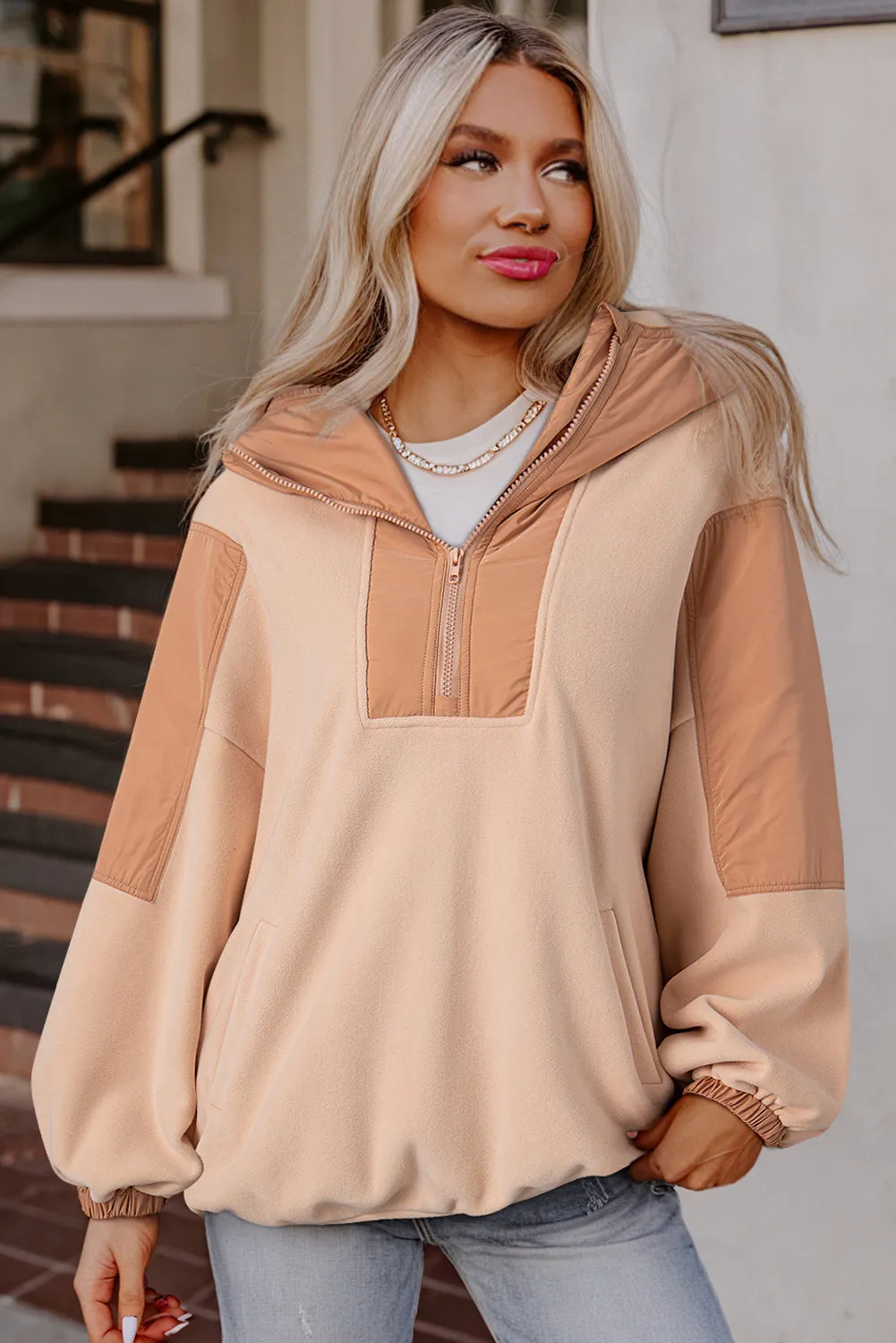 Light French Beige Colourblock Patchwork Half Zip Oversized Sherpa Hoodie