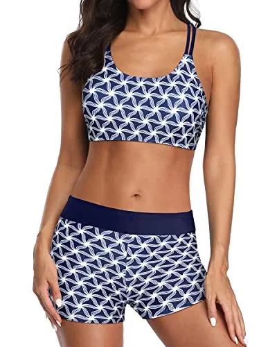 Modest Swim Tank Top With Bra Boy Shorts Teen Swimwear-Navy Blue Tribal