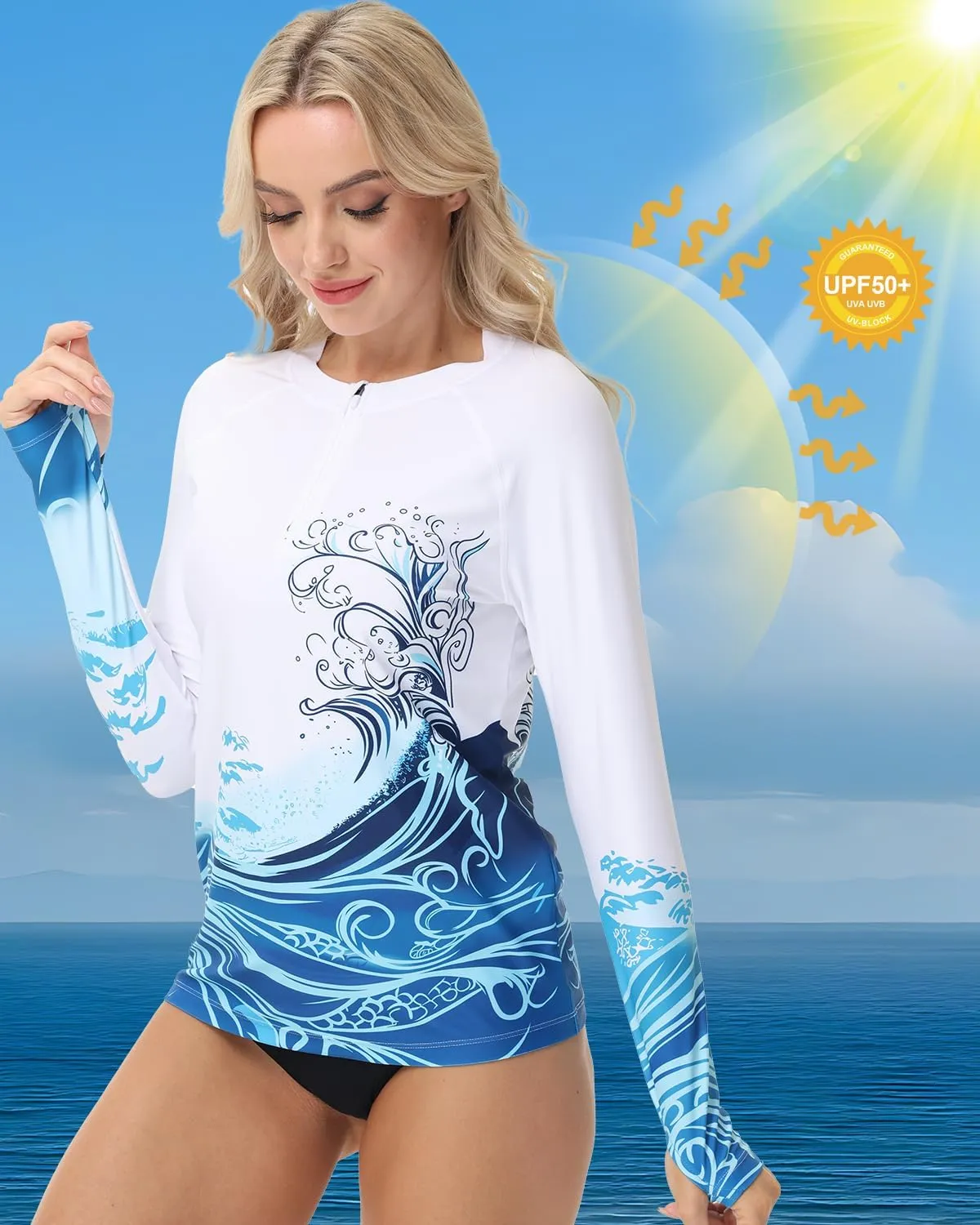 Rash Guard for Women UPF 50  Swim Shirts 1/4 Zip Long Sleeve SPF UV Protection Shirts No Bottom Tops with Thumb Hole