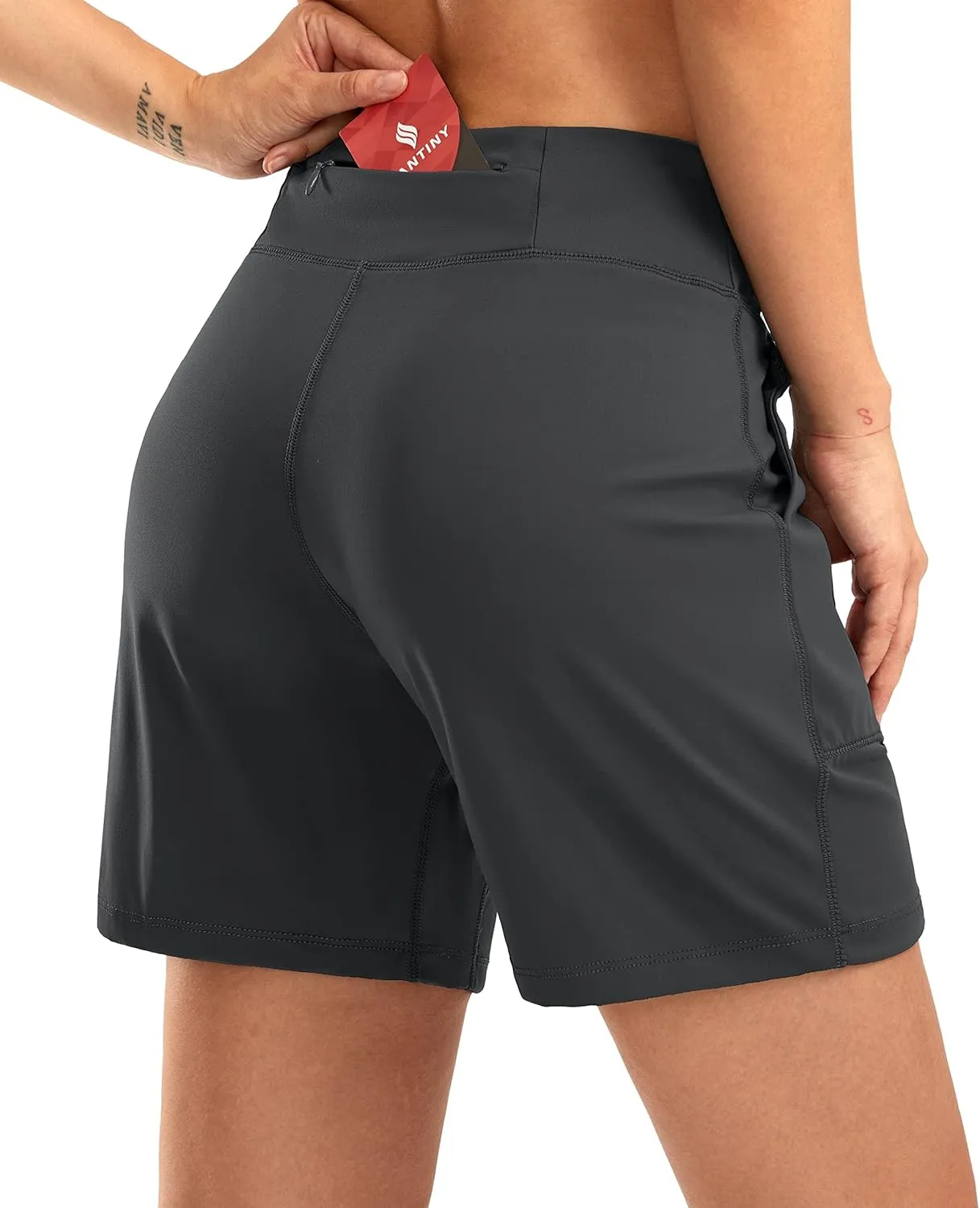 SANTINY Women's 6'' Athletic Long Shorts with 4 Pockets High Waisted Bermuda Shorts for Women Walking Running Casual