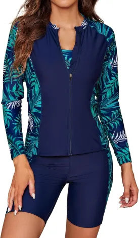 SHEKINI Women's 3 Piece Rash Guard Long Sleeve Swimsuits Zip Bathing Suits with Pants UPF 50  Shirt