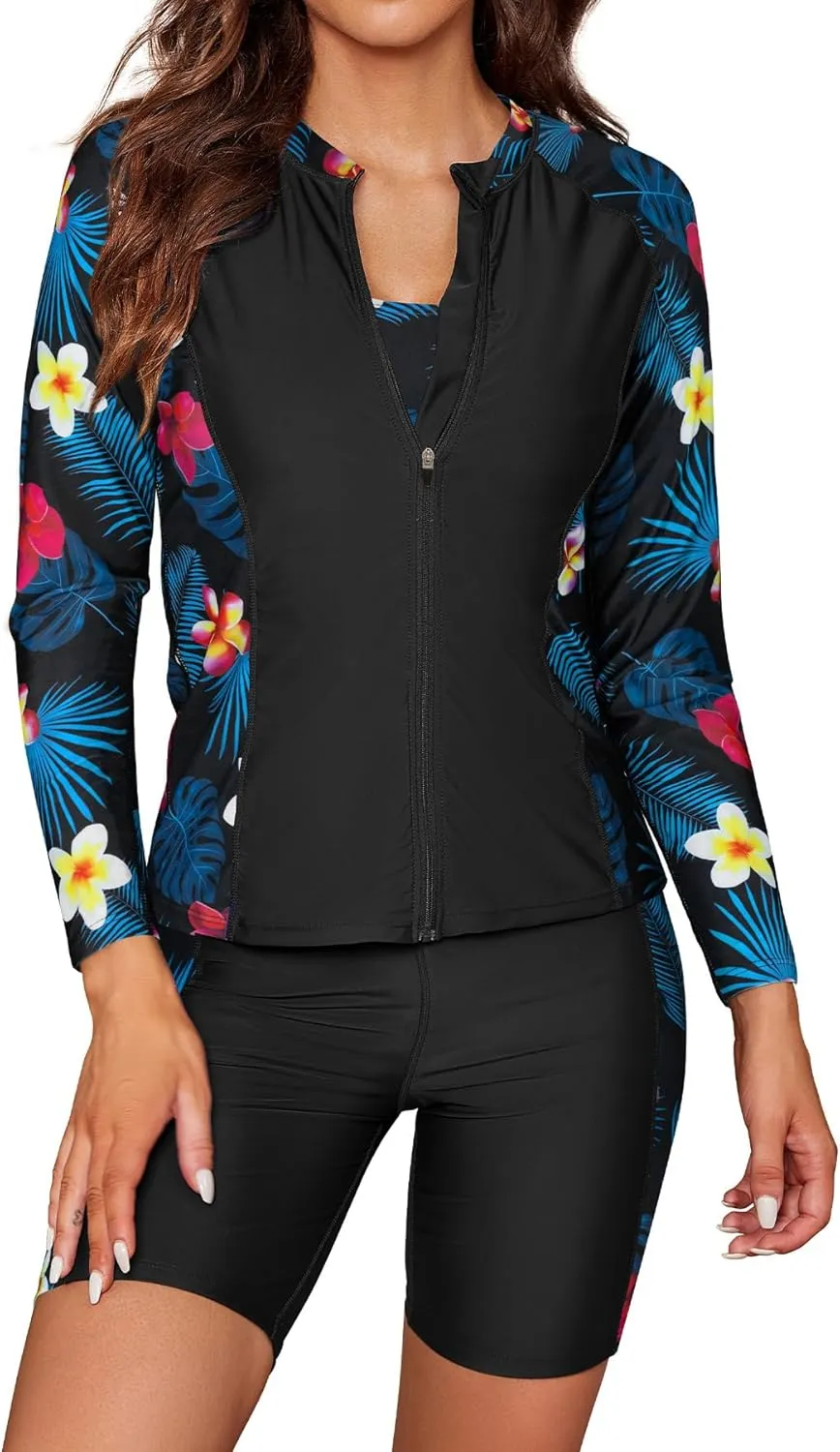 SHEKINI Women's 3 Piece Rash Guard Long Sleeve Swimsuits Zip Bathing Suits with Pants UPF 50  Shirt