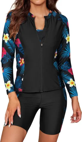 SHEKINI Women's 3 Piece Rash Guard Long Sleeve Swimsuits Zip Bathing Suits with Pants UPF 50  Shirt
