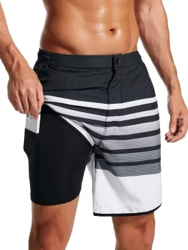 SILKWORLD Mens Swim Trunks Front Zipper Fly Quick Dry Beach Shorts with Compression Liner and Back Zipper Pockets
