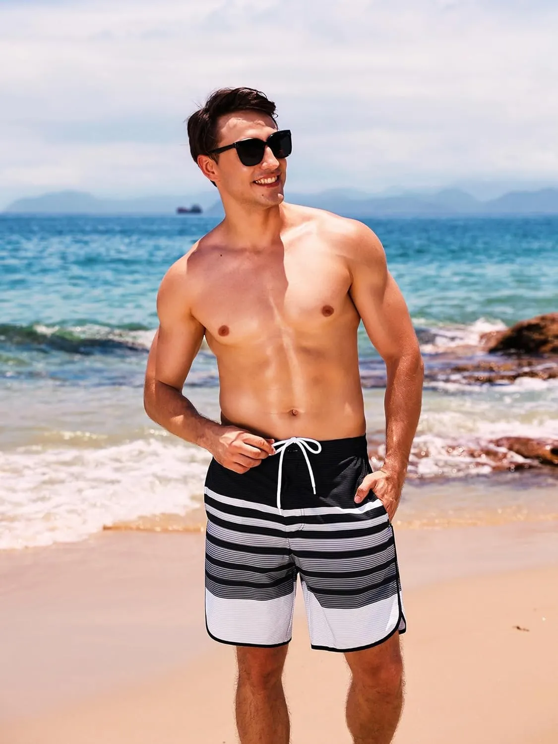 SILKWORLD Mens Swim Trunks Front Zipper Fly Quick Dry Beach Shorts with Compression Liner and Back Zipper Pockets