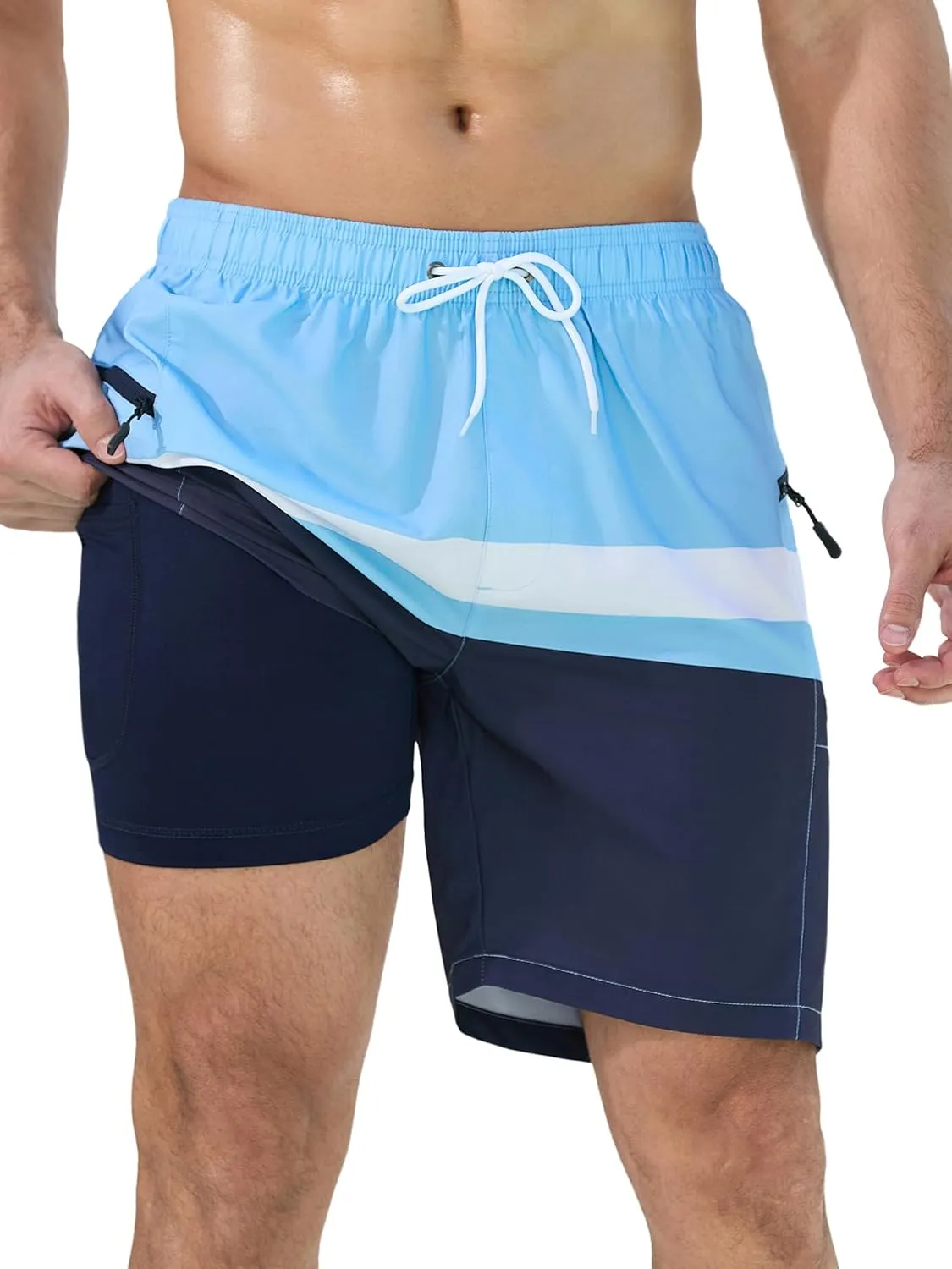 SILKWORLD Quick Dry Mens Swim Trunks with Compression Liner 7" Mens Bathing Suits with Zip Pockets