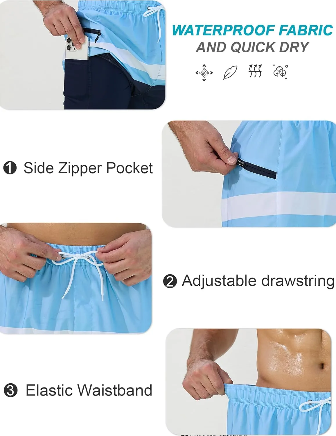 SILKWORLD Quick Dry Mens Swim Trunks with Compression Liner 7" Mens Bathing Suits with Zip Pockets