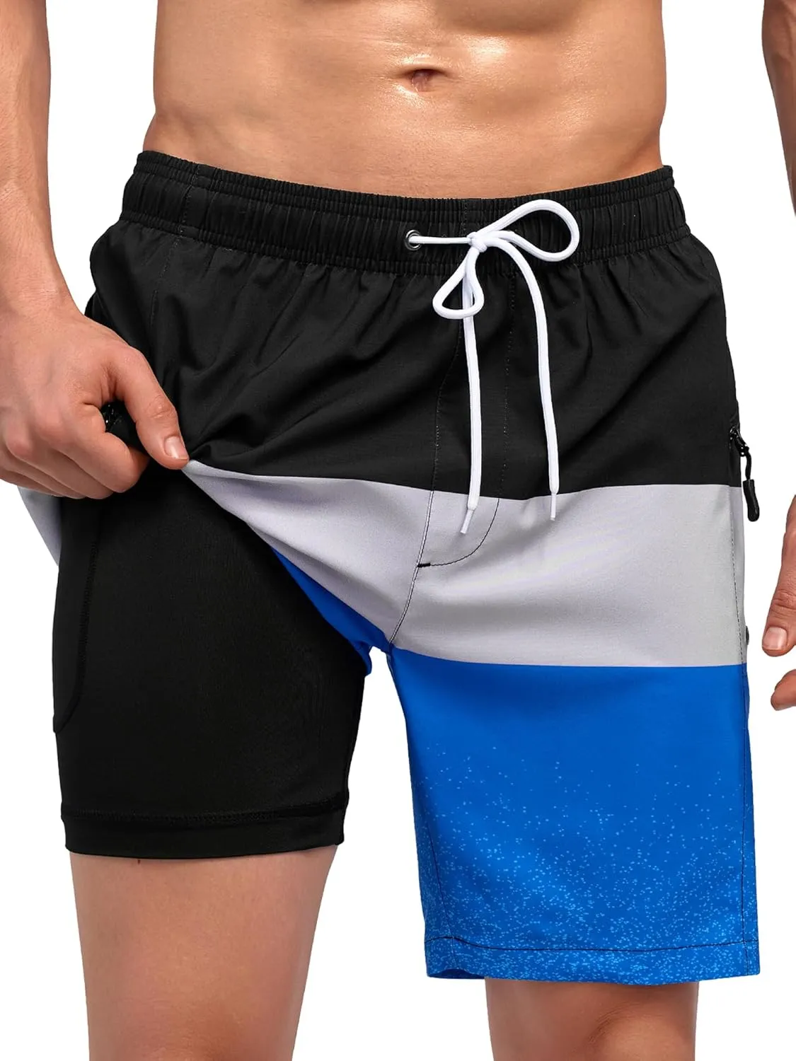 SILKWORLD Quick Dry Mens Swim Trunks with Compression Liner 7" Mens Bathing Suits with Zip Pockets
