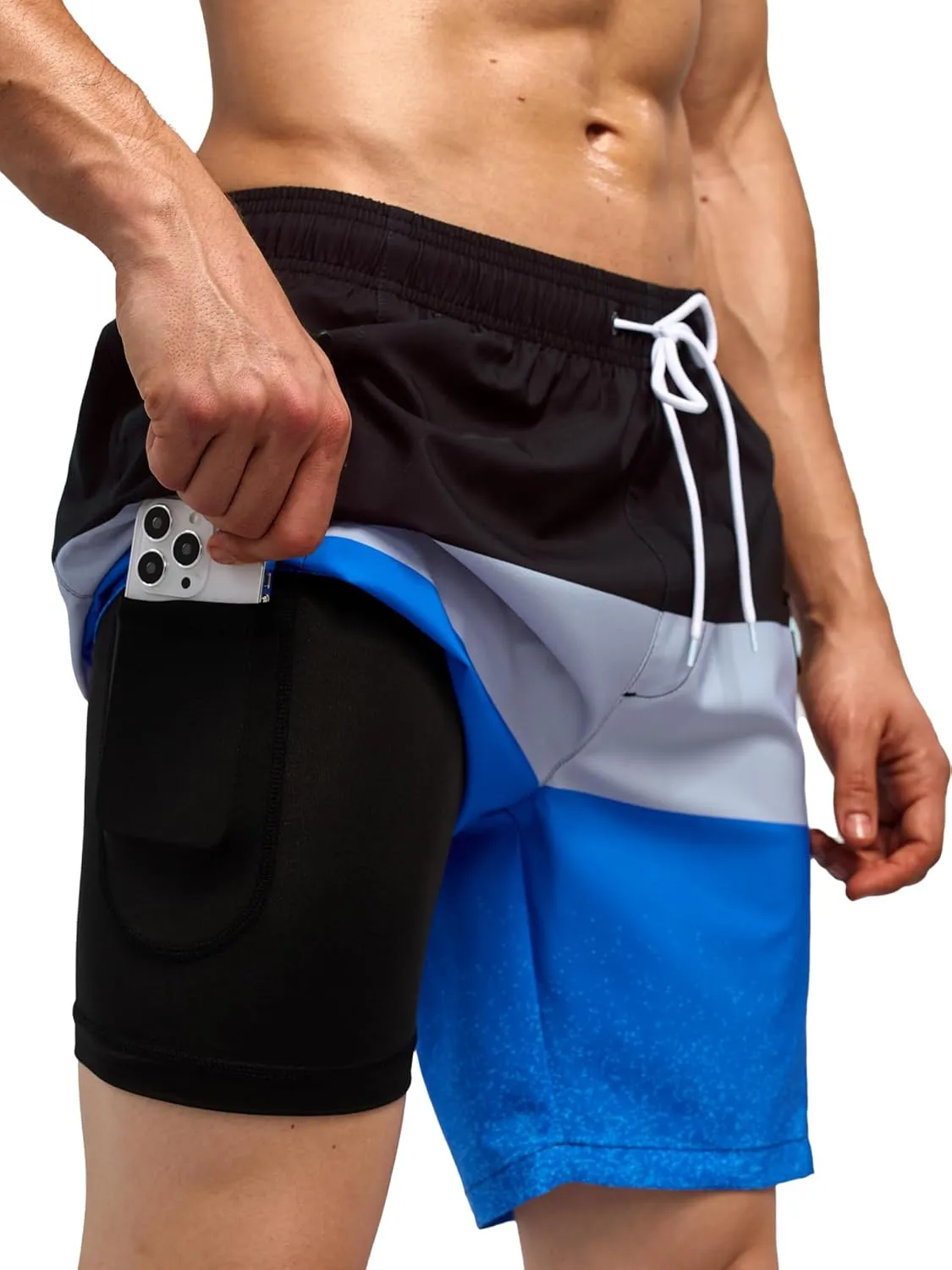 SILKWORLD Quick Dry Mens Swim Trunks with Compression Liner 7" Mens Bathing Suits with Zip Pockets