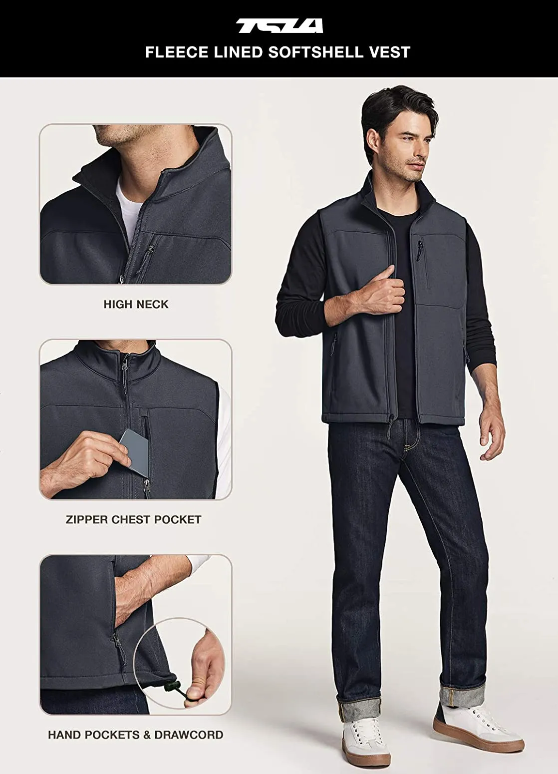 TSLA Men's Softshell Full-Zip Windbreaker TESLA Outdoor Sport Vest