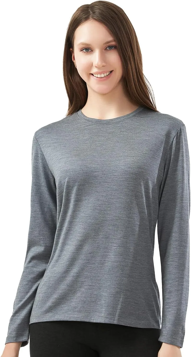 Womens 100% Merino Wool Base Layer - Midweight Merino Wool Thermal Long Sleeve Shirts for Women Top, Ultra Comfort