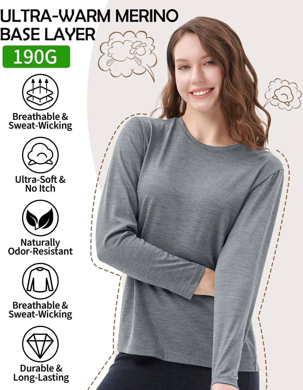 Womens 100% Merino Wool Base Layer - Midweight Merino Wool Thermal Long Sleeve Shirts for Women Top, Ultra Comfort