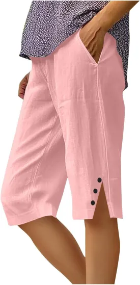 Womens Bermuda Shorts Knee Length Dressy Causal Elastic Waist Buttons Linen Shorts with Pockets Summer Beach Outfits