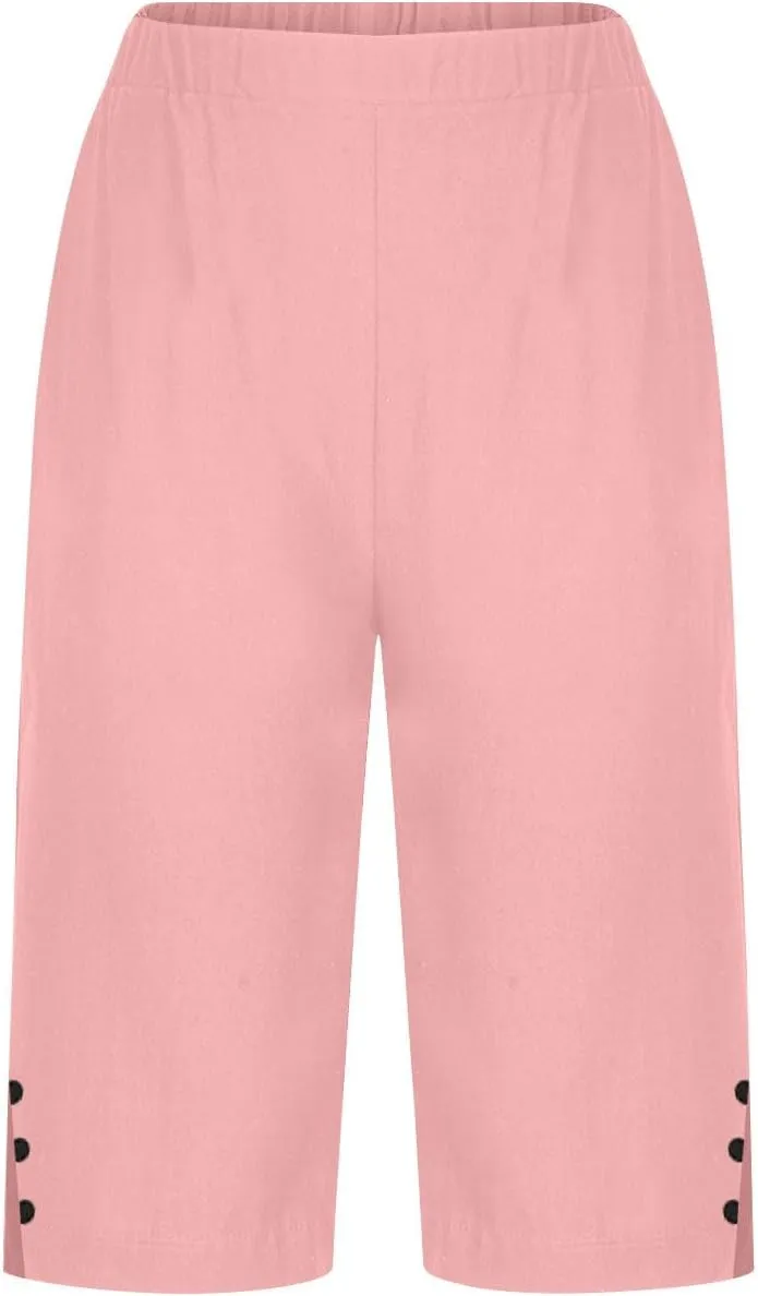 Womens Bermuda Shorts Knee Length Dressy Causal Elastic Waist Buttons Linen Shorts with Pockets Summer Beach Outfits