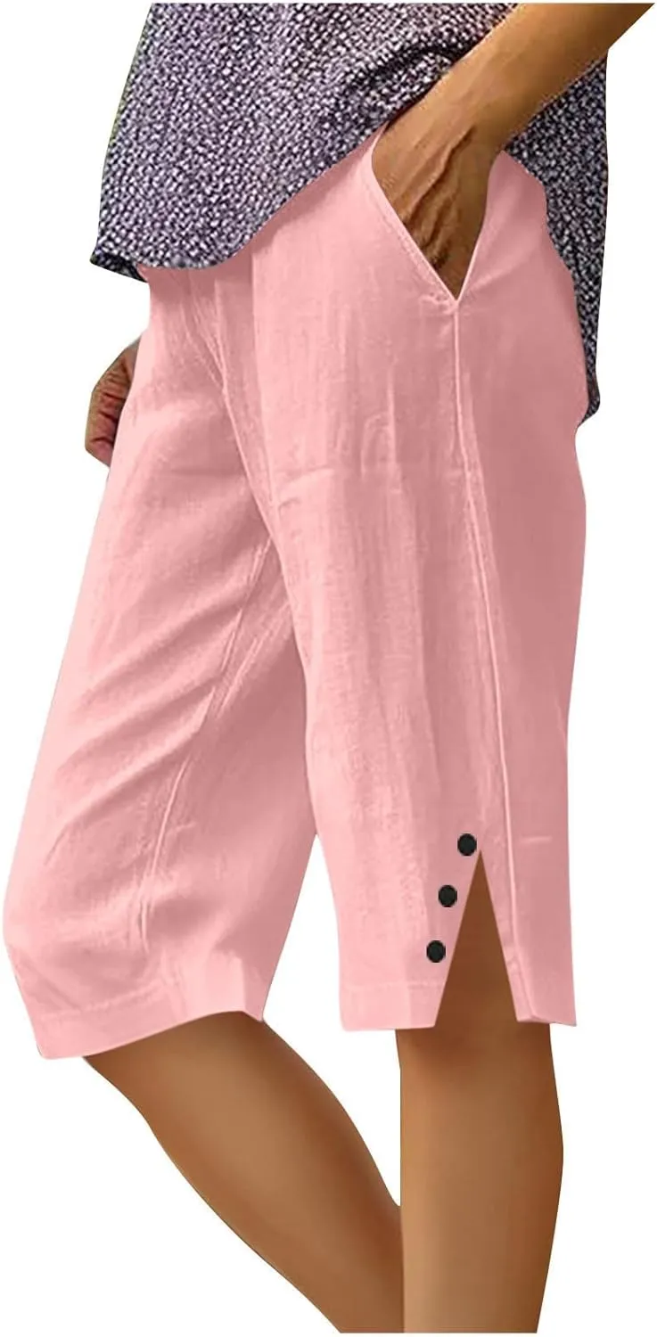 Womens Bermuda Shorts Knee Length Dressy Causal Elastic Waist Buttons Linen Shorts with Pockets Summer Beach Outfits