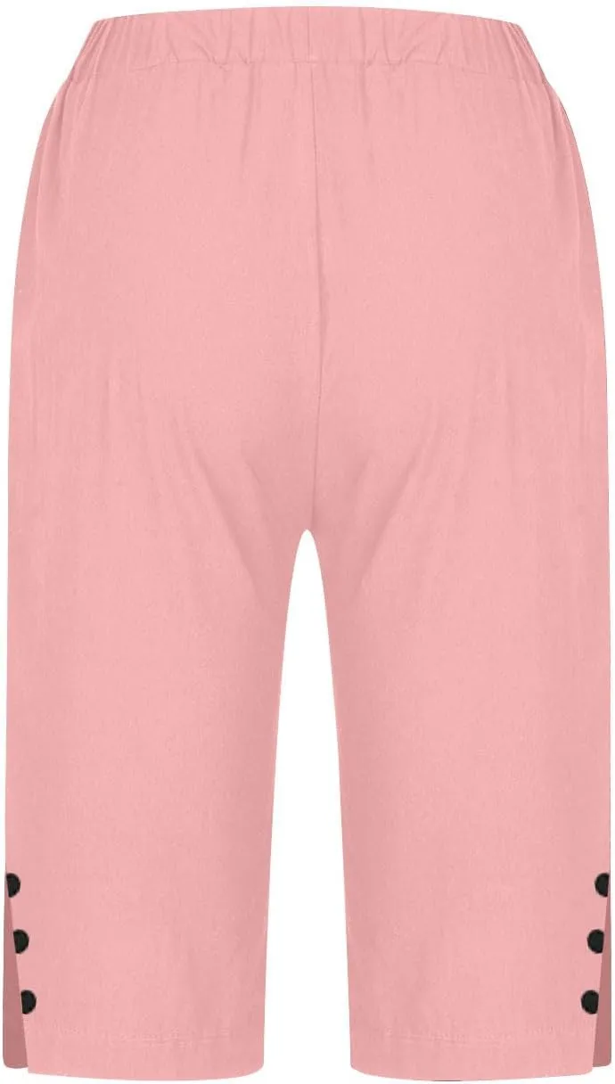 Womens Bermuda Shorts Knee Length Dressy Causal Elastic Waist Buttons Linen Shorts with Pockets Summer Beach Outfits